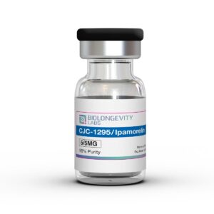 The World's Most Advanced Research Peptides and Bioregulators 74 Glass vial with sealed cap labeled CJC-1295 Ipamorelin Blend 10MG 99% Purity from Biolongevity Labs.