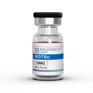 The World's Most Advanced Research Peptides and Bioregulators 83 Glass vial with sealed cap labeled MOTS-c 5MG 99% Purity from Biolongevity Labs.