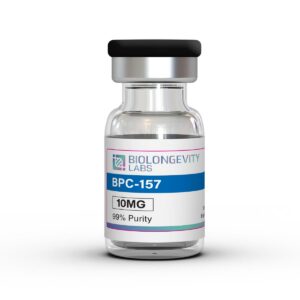 The World's Most Advanced Research Peptides and Bioregulators 75 Small glass vial with black cap labeled BPC-157 10MG 99% Purity from Biolongevity Labs.