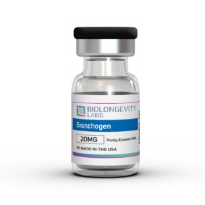 The World's Most Advanced Research Peptides and Bioregulators 62 Glass vial with stopper cap labeled Bronchogen 20MG 99% Purity from Biolongevity Labs.