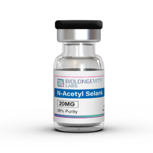 The World's Most Advanced Research Peptides and Bioregulators 69 Glass vial with rubber stopper labeled N-Acetyl Selank 20MG 99% Purity from Biolongevity Labs.