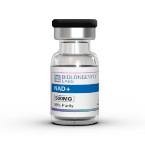 The World's Most Advanced Research Peptides and Bioregulators 71 Glass vial with sealed cap labeled NAD+ 500MG 99% Purity from Biolongevity Labs.