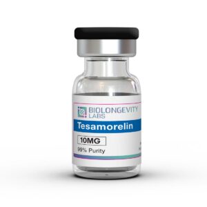 The World's Most Advanced Research Peptides and Bioregulators 86 Glass vial with cap labeled Tesamorelin 10MG 99% Purity from Biolongevity Labs.