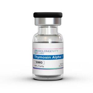 The World's Most Advanced Research Peptides and Bioregulators 87 Glass vial with pharmaceutical cap labeled Thymosin Alpha 1 10MG 99% Purity from Biolongevity Labs.