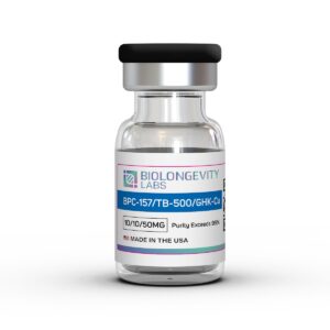 The World's Most Advanced Research Peptides and Bioregulators 56 Glass vial with sealed cap labeled BPC-157/TB-500/GHK-Cu 10MG/10MG/50MG 99% Purity from Biolongevity Labs.