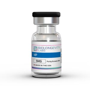 The World's Most Advanced Research Peptides and Bioregulators 53 Glass vial of Biolongevity Labs VIP, 5MG, with purity exceeding 99%, made in the USA.