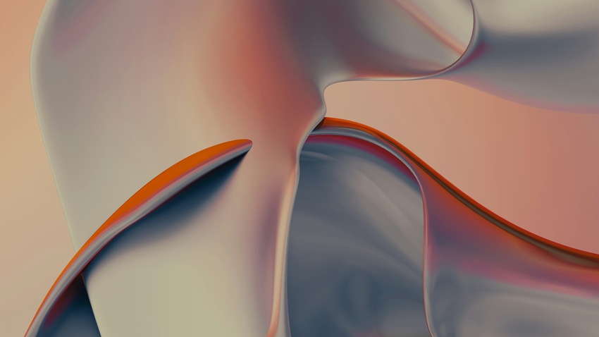 Abstract flowing cartilage in soft peach, coral, and gray tones create sculptural curves with orange highlighted edges against blurred background.